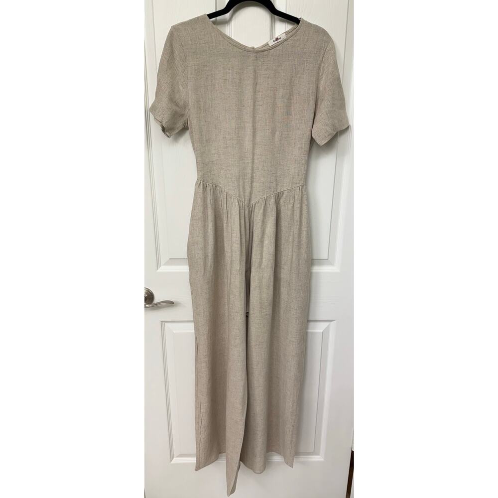 Geegee beige NWOT linen jumpsuit Small open back wide legs pockets Lagenlook
